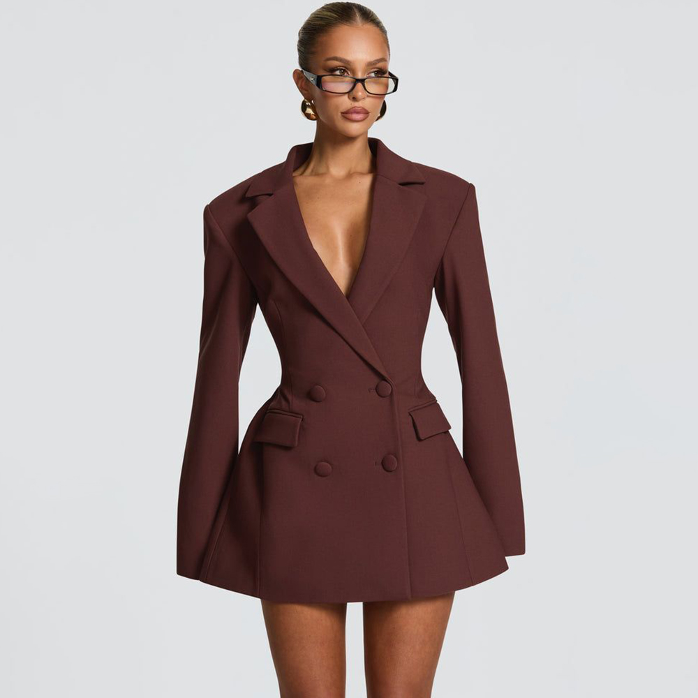 Women'S Formal Wear Pants Suit - Elegant Women's Brown Flared Blazer Dress