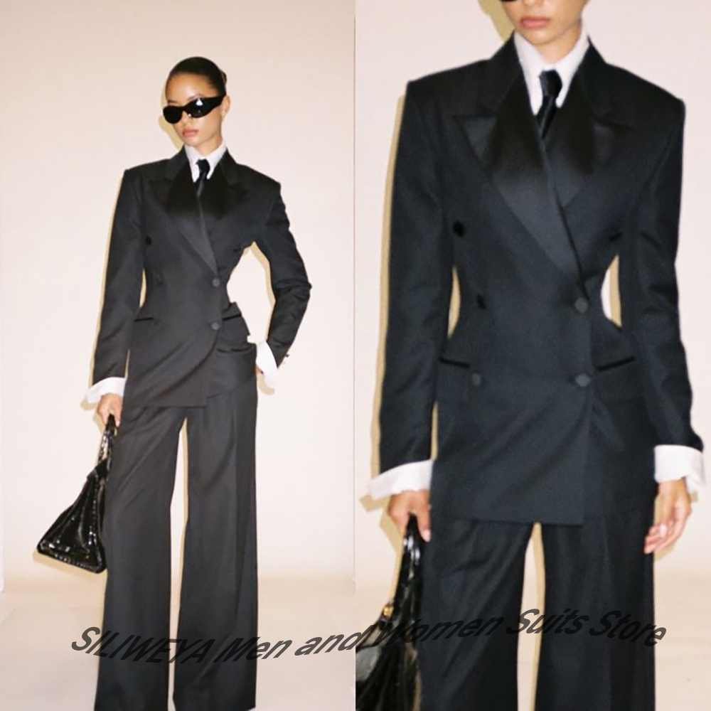 Women'S Formal Wear Pants Suit - Professional Women's Black Double-Breasted Suit Slim