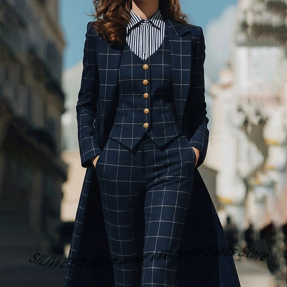 Women'S Formal Wear Pants Suit - Sophisticated Navy Blue Women's Plaid Blazers