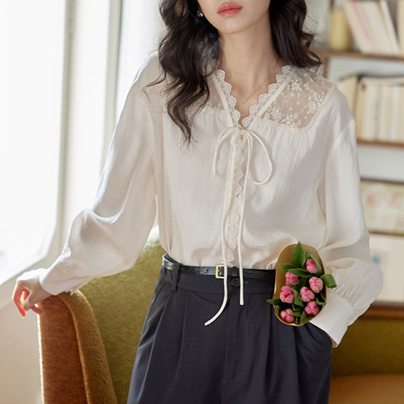 Women Formal Wear Korean - Long Sleeve Shirts Womens Satin Stand