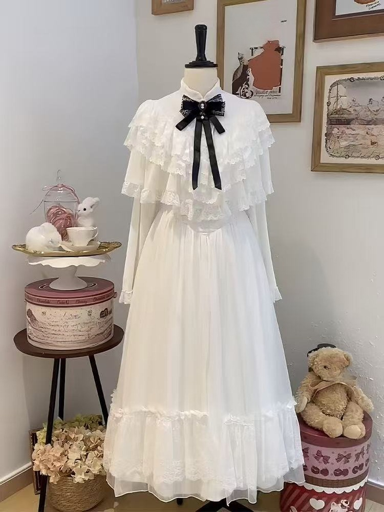 Women'S Elegant Formal Wear - Japanese Short Sleeve Bow Lace Dress