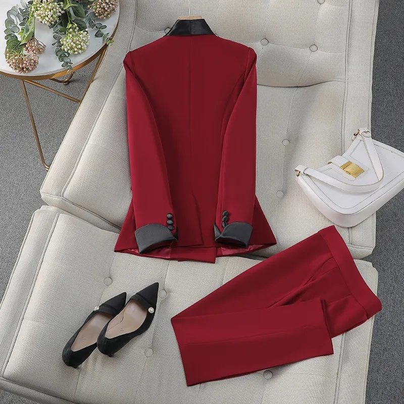 Women Formal Wear With Black Blazer - Elegant Red Black Women Pant Suit