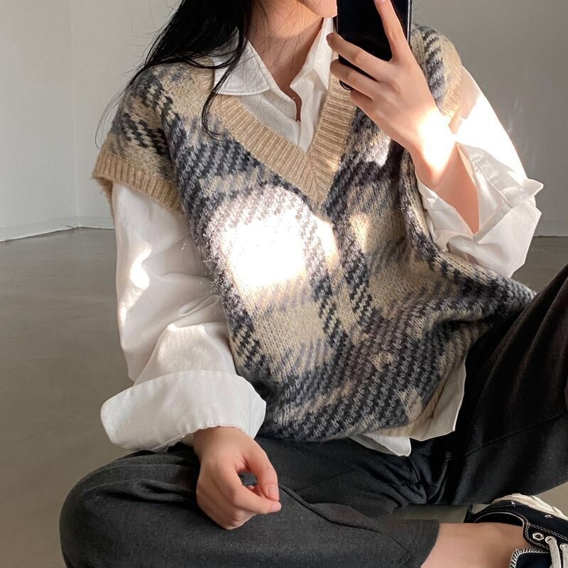 Plaid Lady Sweaters Tops 2025  - Women Formal Wear Korean 评论和价格