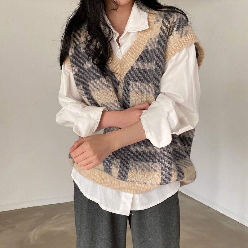 Plaid Lady Sweaters Tops 2025  - Women Formal Wear Korean 评论和价格