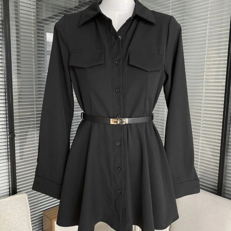 Women's Black Shirt Dress Long - Women Formal Wear Stitching 评论和价格