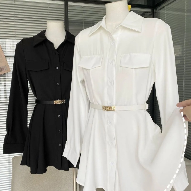 Women's Black Shirt Dress Long - Women Formal Wear Stitching 评论和价格