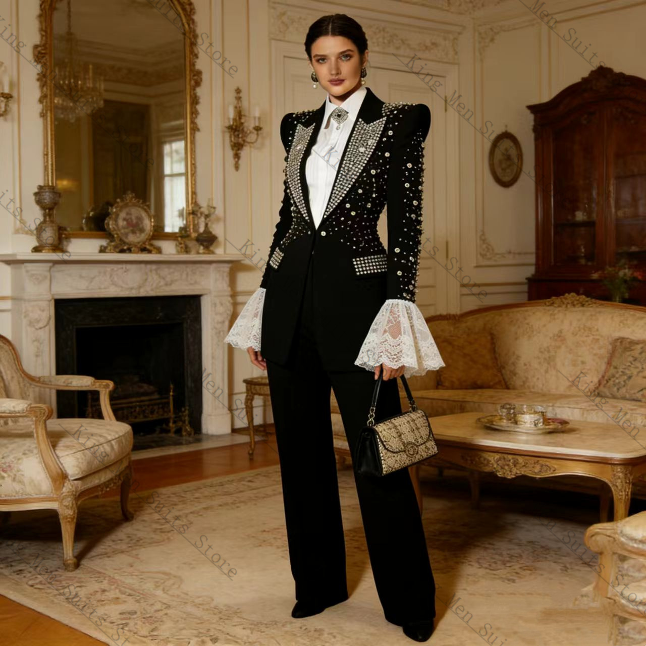 Crystals Black Women Suit Set  - Women Formal Wear With Black Blazer 评论和价格